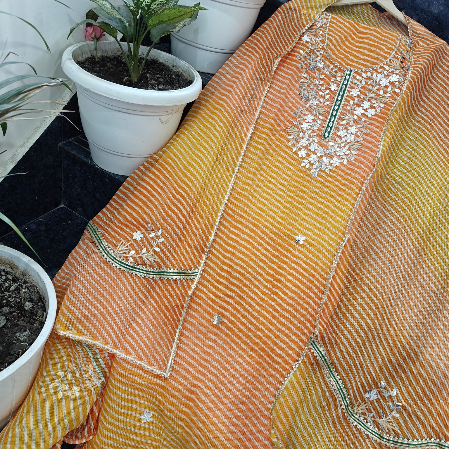 semi silk fabric printe Patch gota work Shirt n dupatta N botom coton